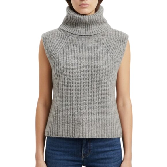 NWT Self Contrast Taupe Ribbed Turtleneck Knit Sweater Vest – Women’s Small - Picture 1 of 7